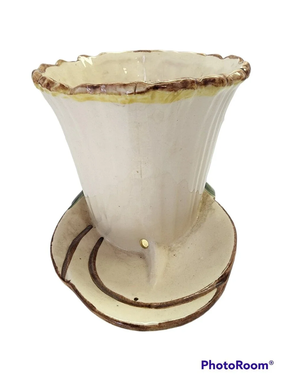 Vintage McCoy Ceramic Cream Decorative Lotus Teacup Planter Green Leaf Accent